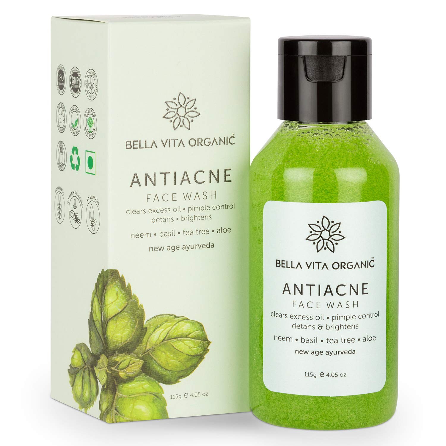 Bella Vita Organic Anti Acne Face Wash for Oil Control with Neem, Basil, Tea Tree & Aloe - 115 gm