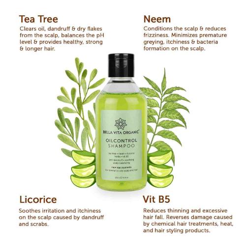 Bella Vita Organic Oil Control Shampoo For Oily Hair & Scalp Anti Dandruff, Neem, Tea Tree & Basil -