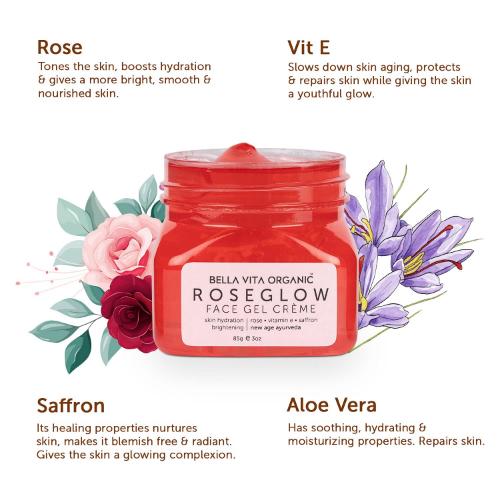 Bella Vita Organic Rose Glow Face Gel For Pore Minimising, Oil Control & Skin Brightening - 85 gm