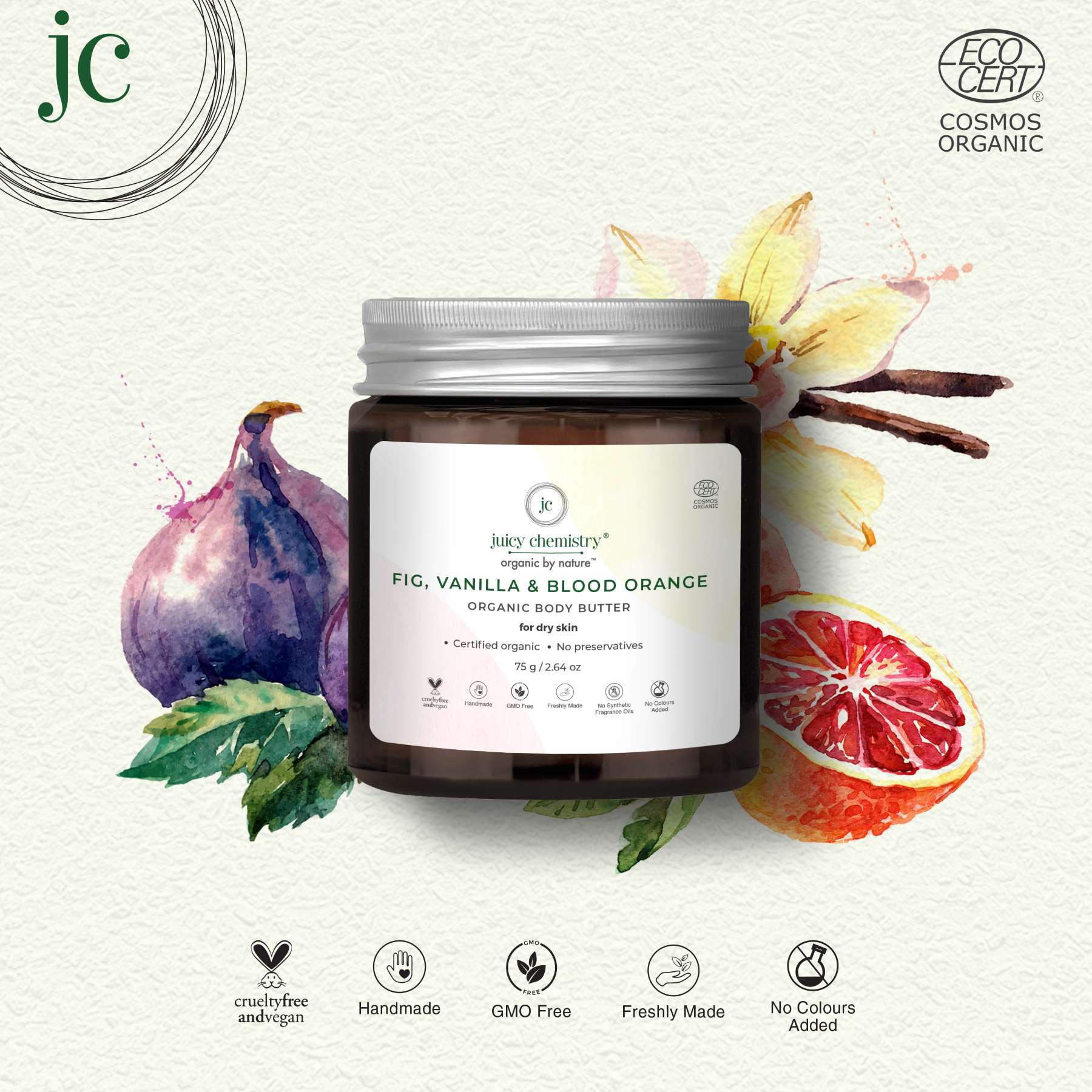 Juicy Chemistry Body Butter for Dry Skin with Fig, Vanilla & Blood Orange - 75 gm