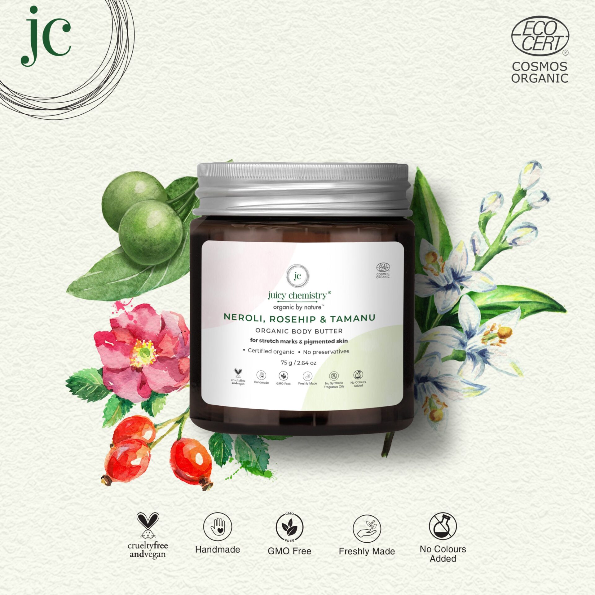 Juicy Chemistry Body Butter for Stretch Marks & Pigmented Skin with Neroli, Rosehip & Tamanu - 75 gm