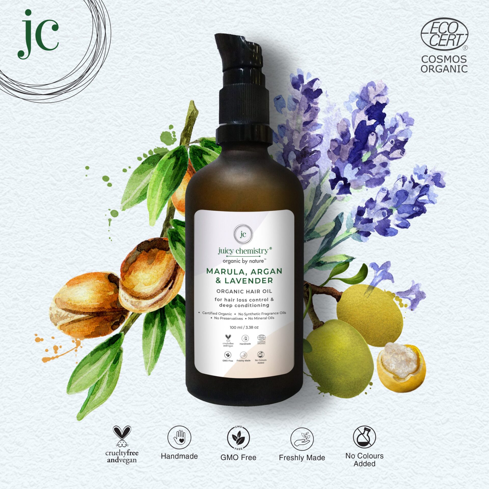 Juicy Chemistry Marula, Argan and Lavender Hair Oil for Hair Loss Control and Deep Conditioning - 10