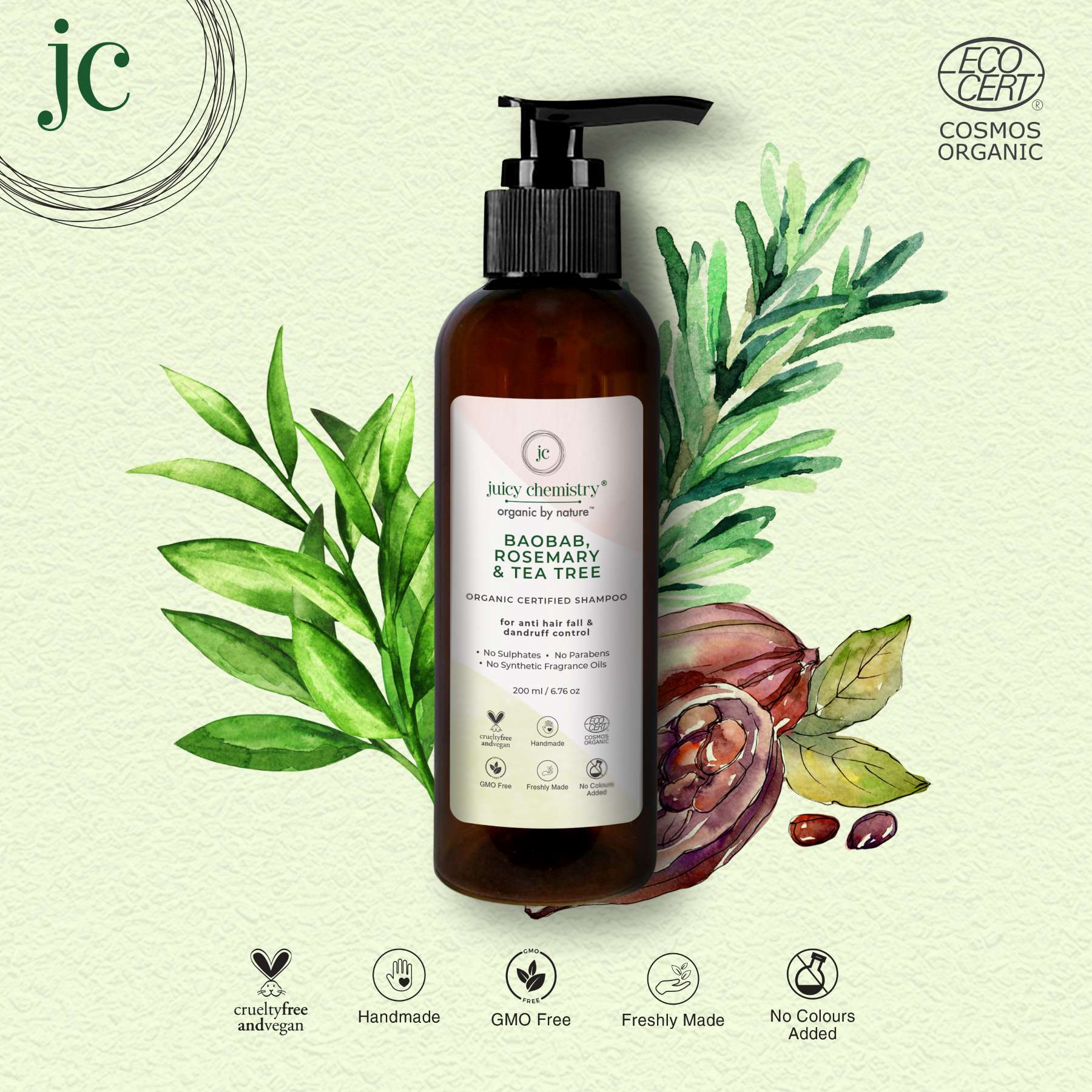 Juicy Chemistry Organic Shampoo for Anti Hair Fall and Dandruff Control with Baobab, Guava Leaf and 