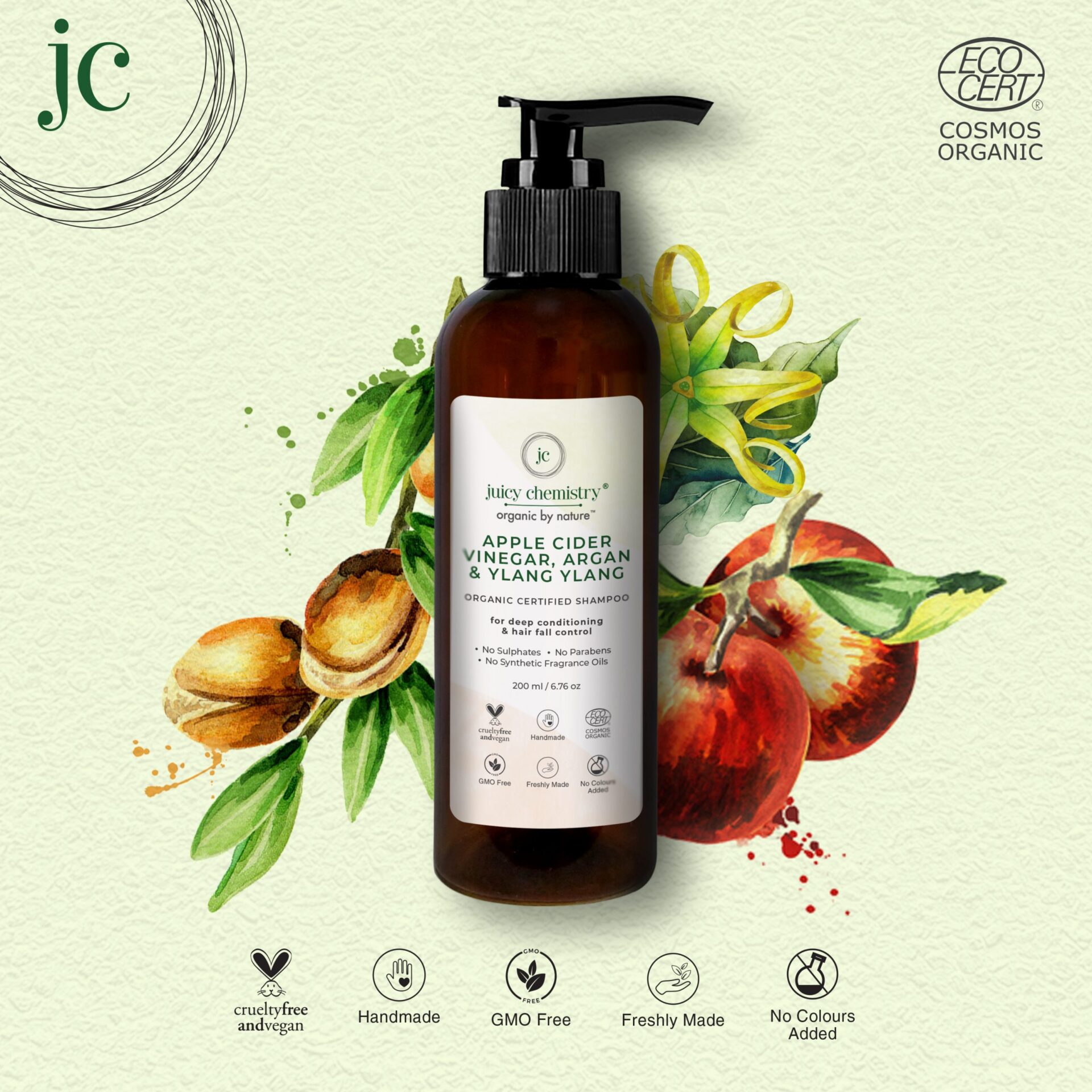 Juicy Chemistry Organic Shampoo for Deep Conditioning and Hair Fall Control with Apple Cider Vinegar