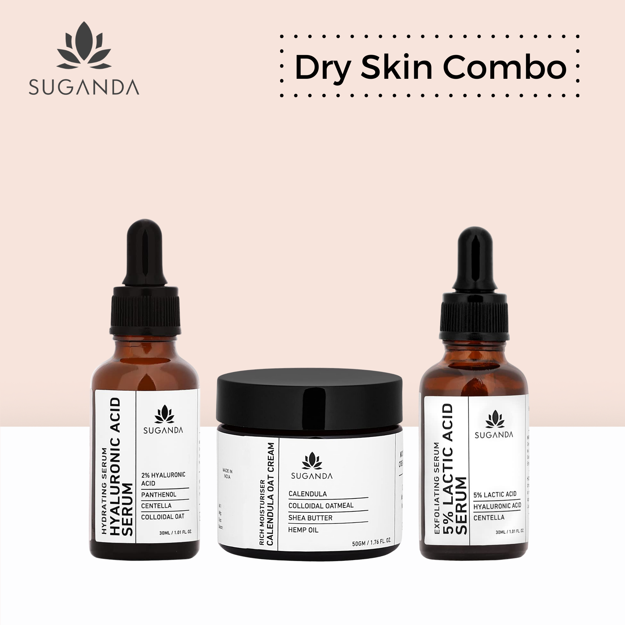 Suganda Dry Skin Care Combo (Hyaluronic Acid Serum - 30 ml, Calendula Oat Moisturiser - 50 gm & 5% L
