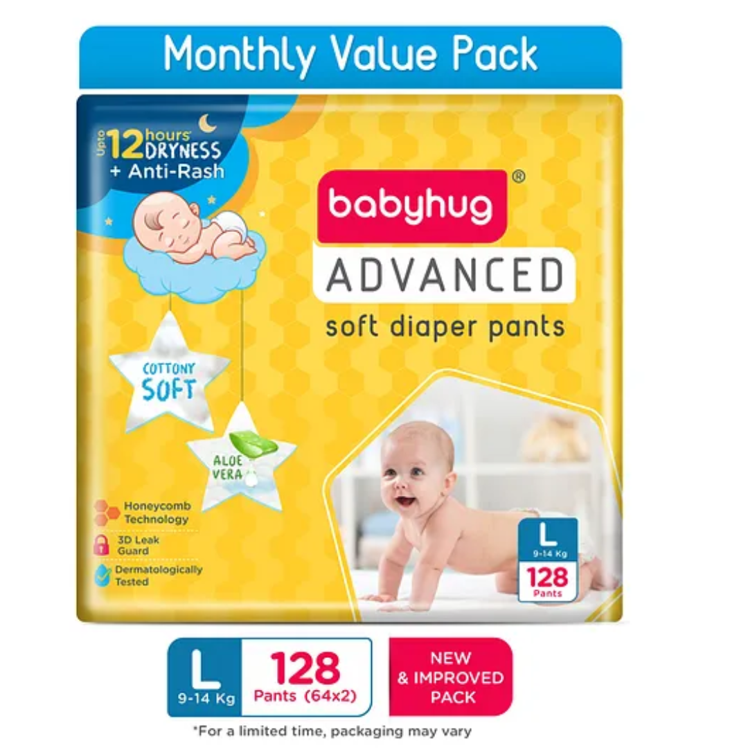 Babyhug Advanced Pant Style Diapers Large Monthly Box Pack - 128 Pieces
